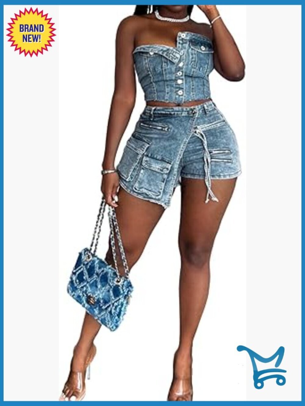 Sexy 2 Piece Denim Set Tube Top Bodycon Skirt Shorts Party Clubwear Tracksuit